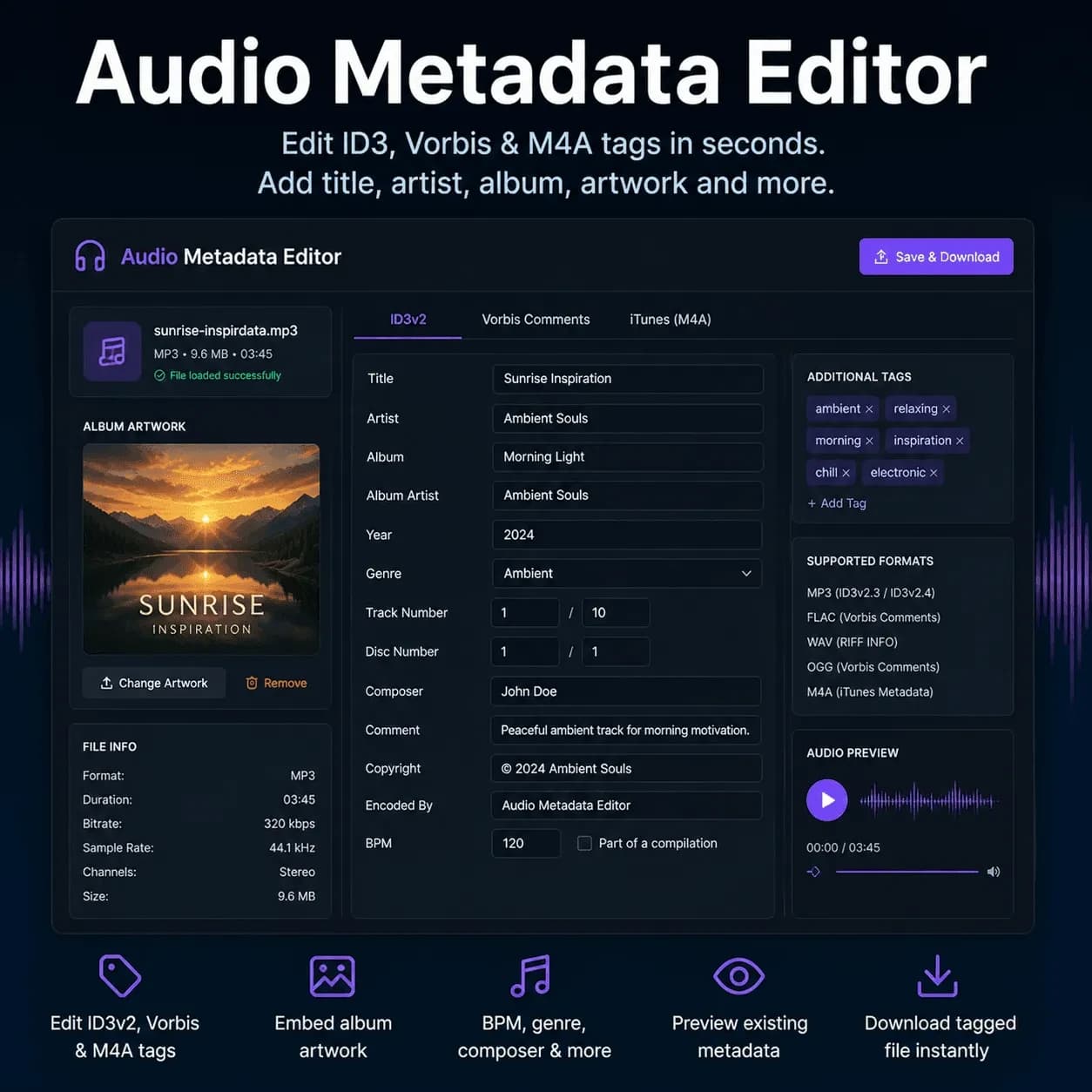 Audio metadata editor interface showing ID3v2 tag fields for MP3, FLAC and WAV files — title, artist, album, genre, BPM, copyright and embedded album artwork written by the Exif Injector audio metadata editor - Exif Injector EXIF tools, image metadata and SEO keywords