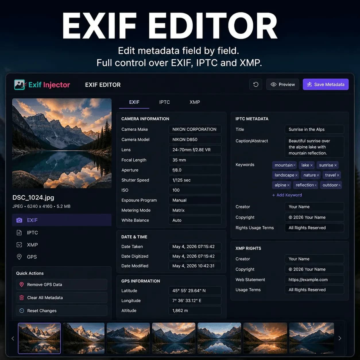 Exif Editor interface for manually updating EXIF, IPTC, and XMP fields including title, keywords, copyright and camera metadata across multiple image files - Exif Injector EXIF tools, image metadata and SEO keywords
