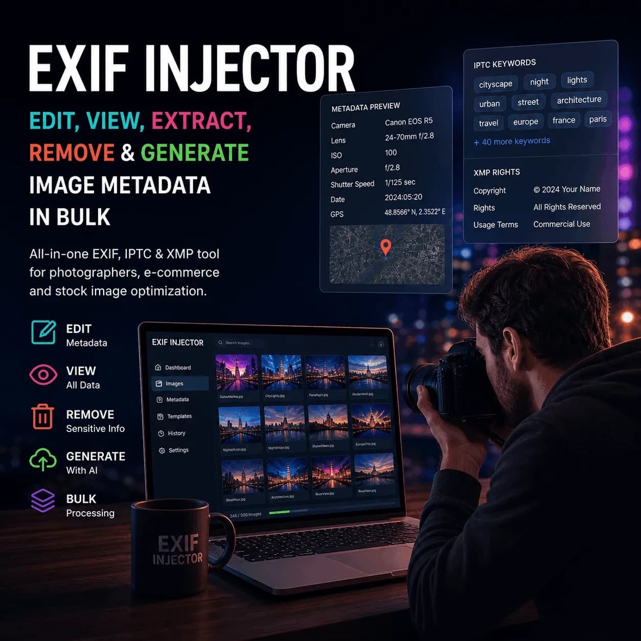 Exif Injector hero preview with EXIF tools metadata keywords