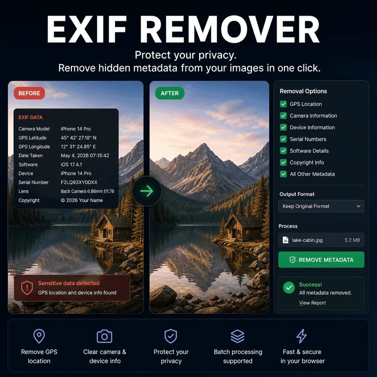 Smartphone privacy scene with GPS coordinates, EXIF location data and device serial numbers being stripped before sharing photos on Reddit, eBay or Facebook Marketplace via the Exif Remover free online tool - Exif Injector EXIF tools, image metadata and SEO keywords