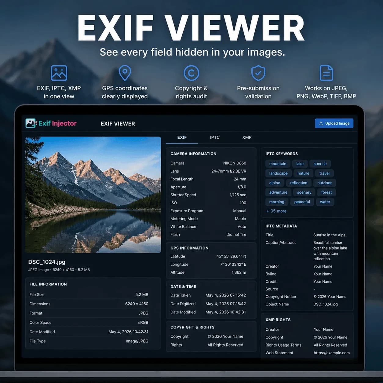 Image metadata audit workspace showing EXIF, IPTC and XMP fields extracted from JPEG and PNG photos with the Exif Viewer online tool — GPS coordinates, camera model, IPTC keywords and XMP rights - Exif Injector EXIF tools, image metadata and SEO keywords