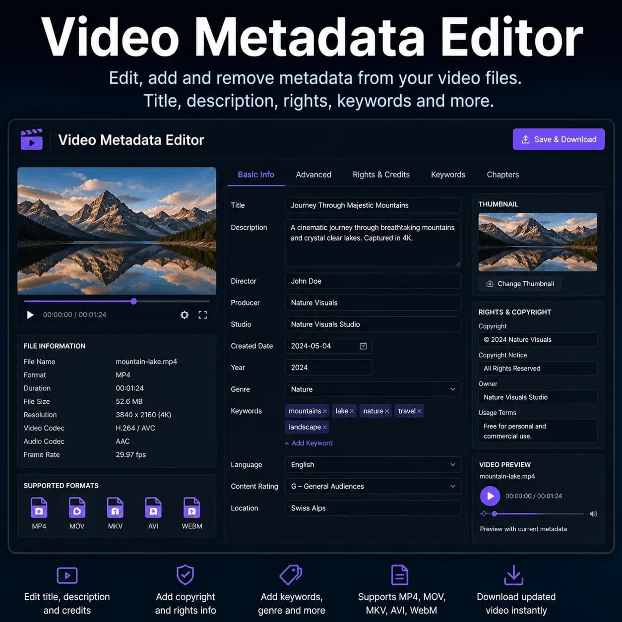 Video metadata editor interface showing MP4 and MOV atom fields — title, description, director, copyright, content rating and keywords embedded into MKV, AVI and WebM video files via the Exif Injector video metadata editor - Exif Injector EXIF tools, image metadata and SEO keywords