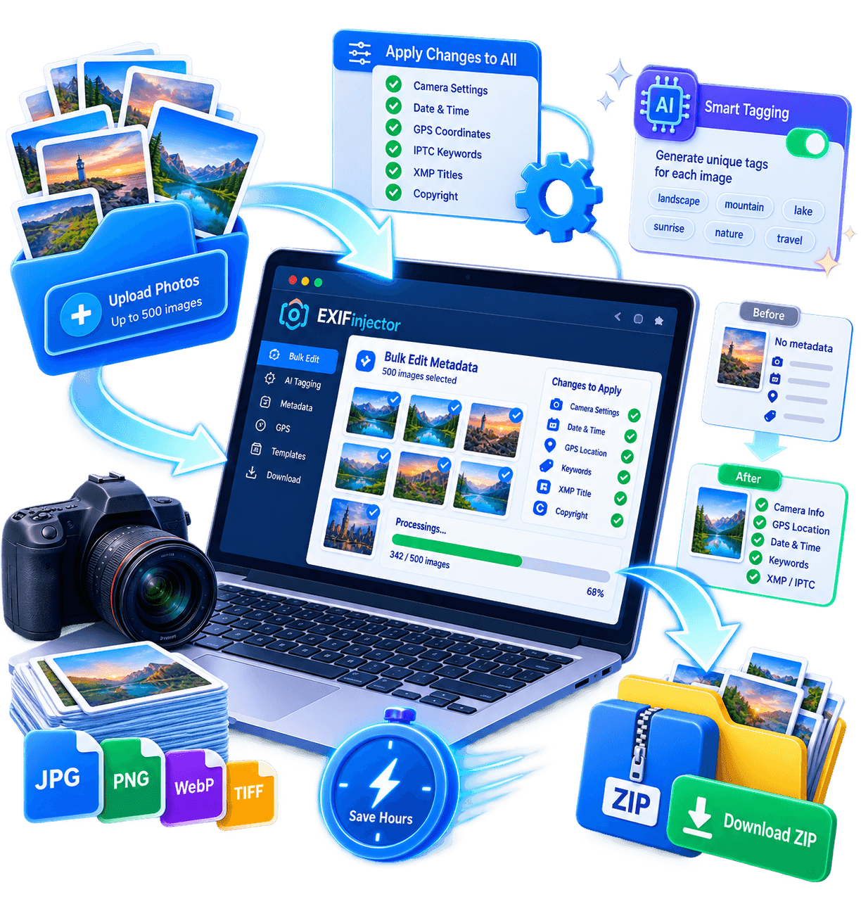 Bulk EXIF editor processing multiple photos