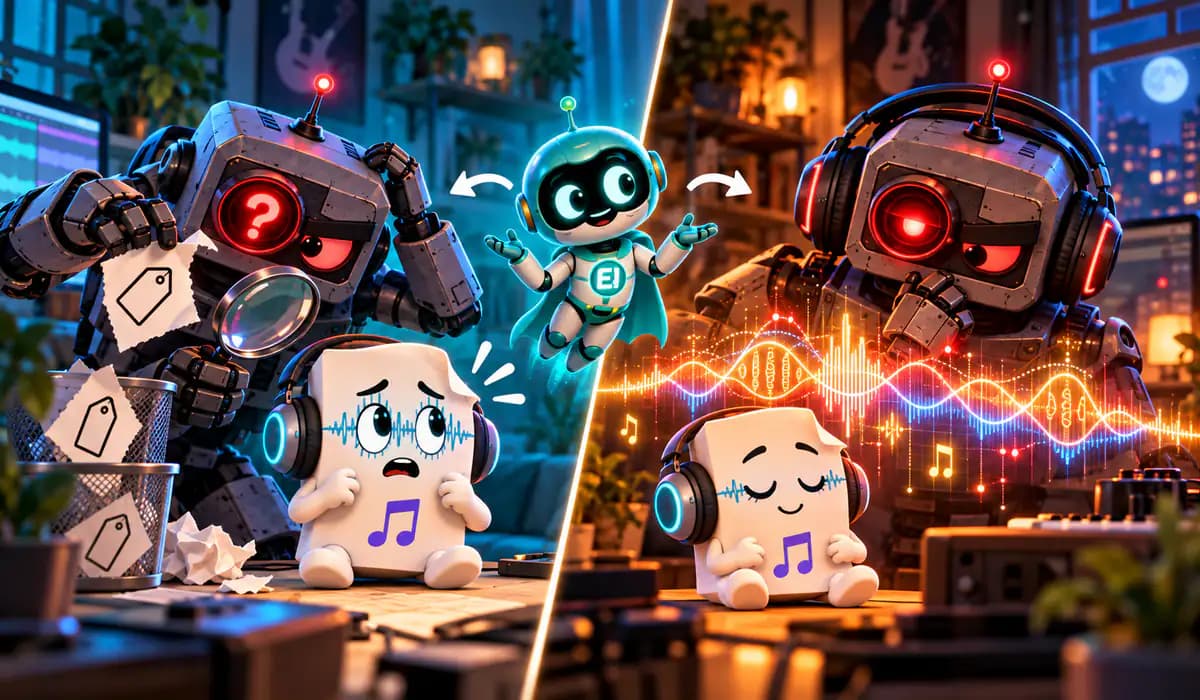 AI detector reading metadata labels versus listening to the audio itself