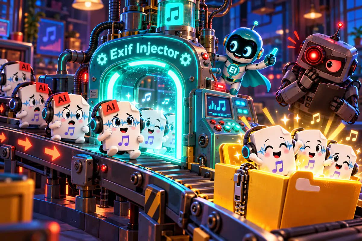Suno songs passing through the Exif Injector cleaning machine in bulk